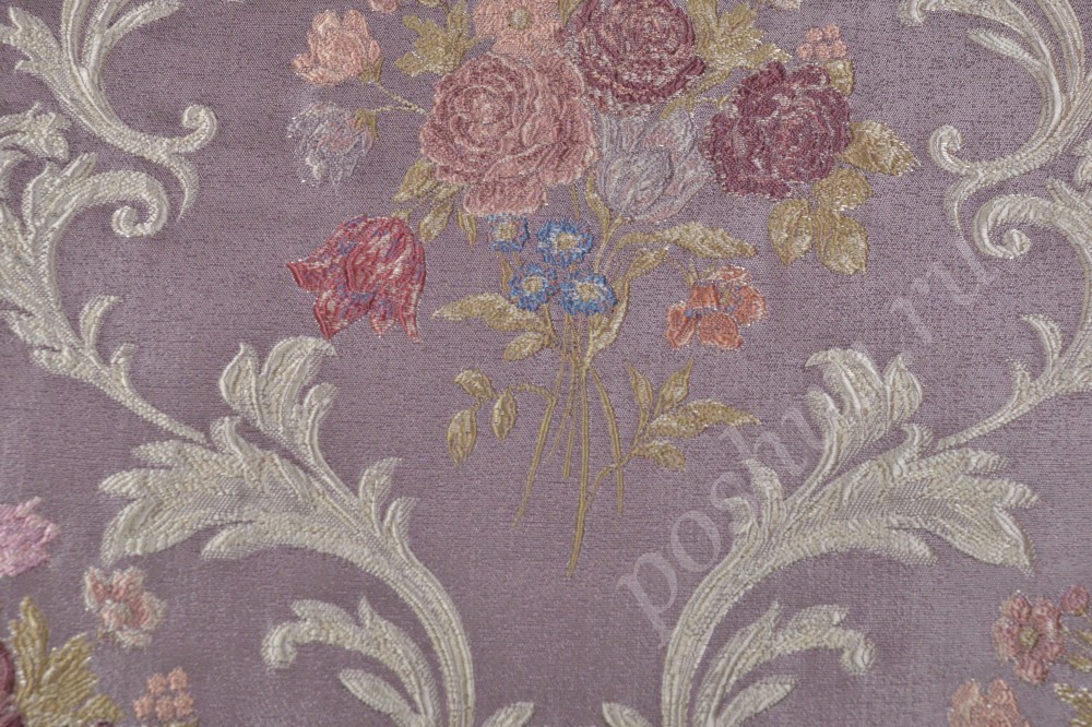 Ткань для мебели жаккард пурпурного цвета с флористическим узором