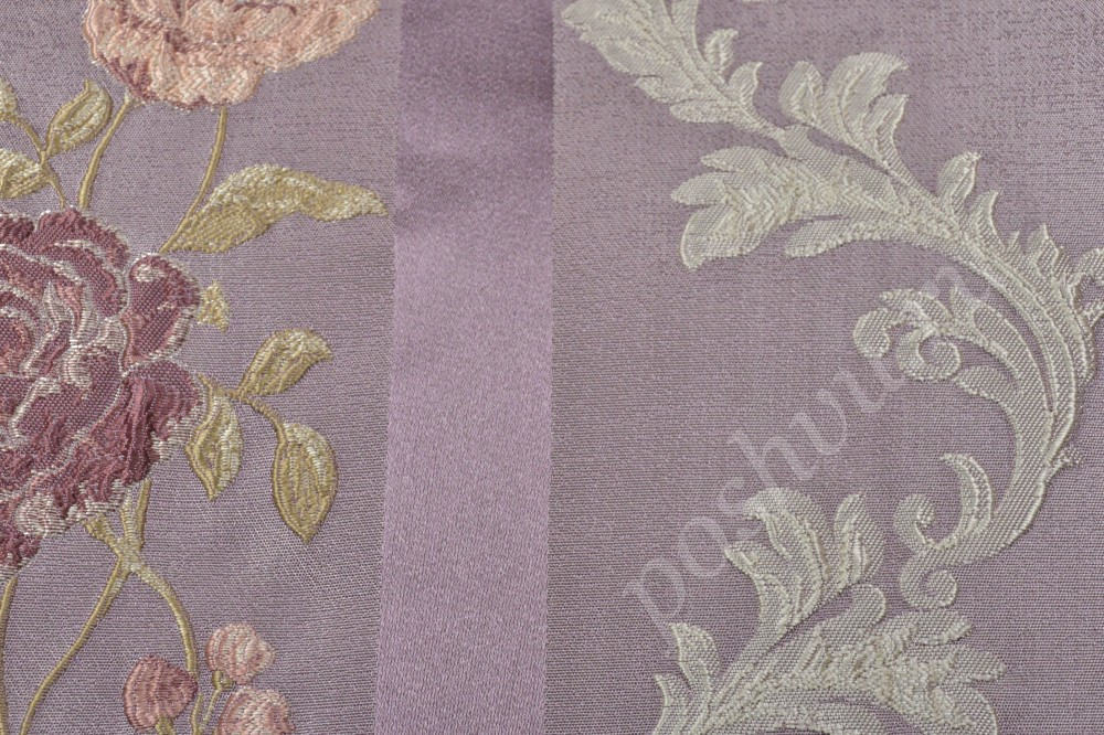 Ткань для мебели жаккард пурпурного цвета с крупными полосами и розами