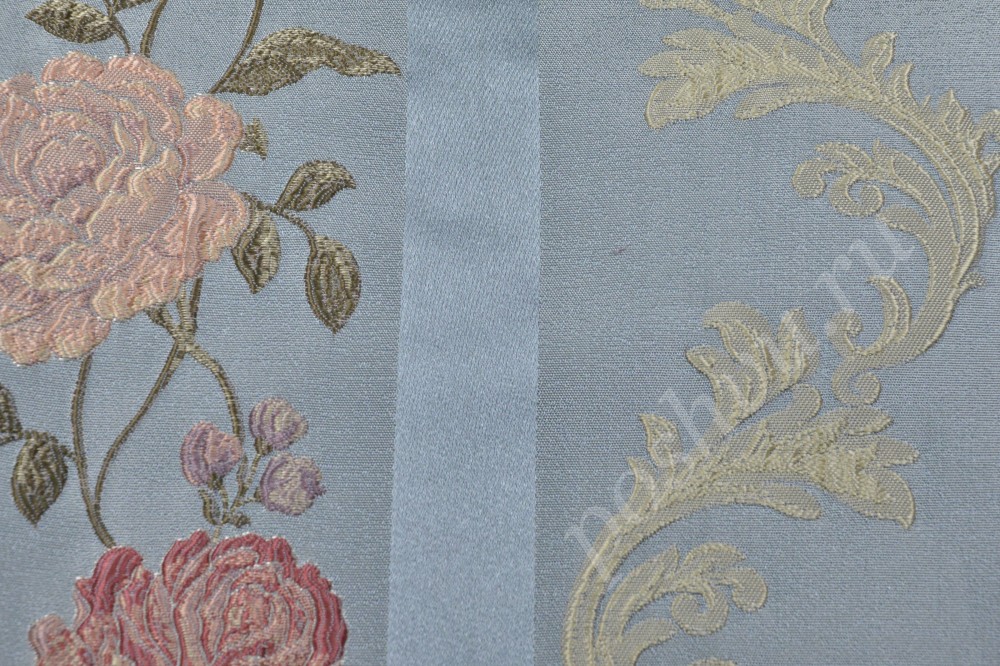 Ткань для мебели жаккард бирюзового цвета с крупными розами