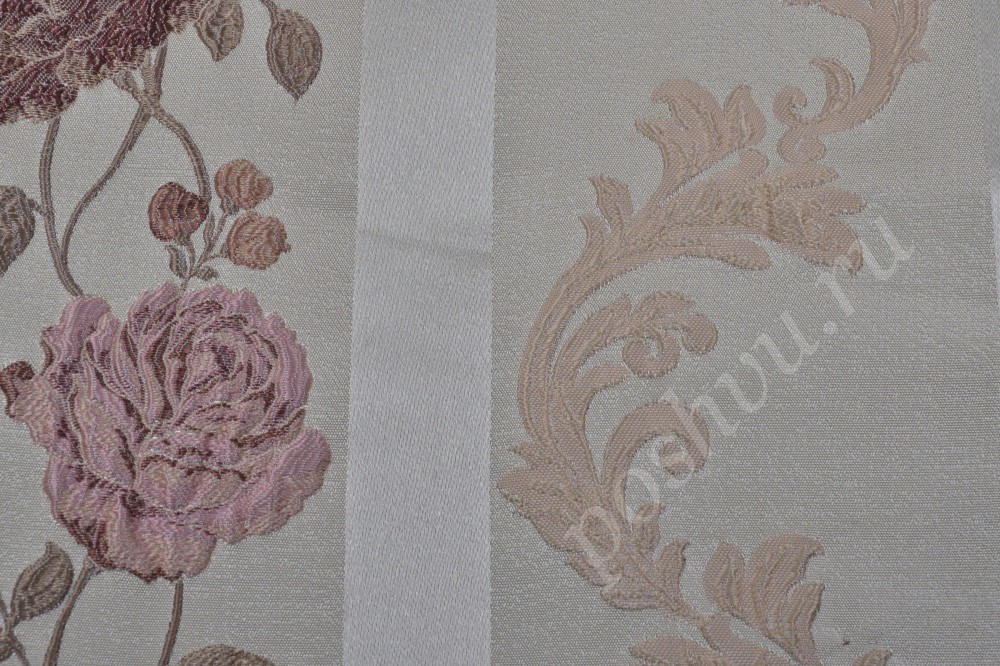 Ткань для мебели жаккард кремового цвета с крупными розами