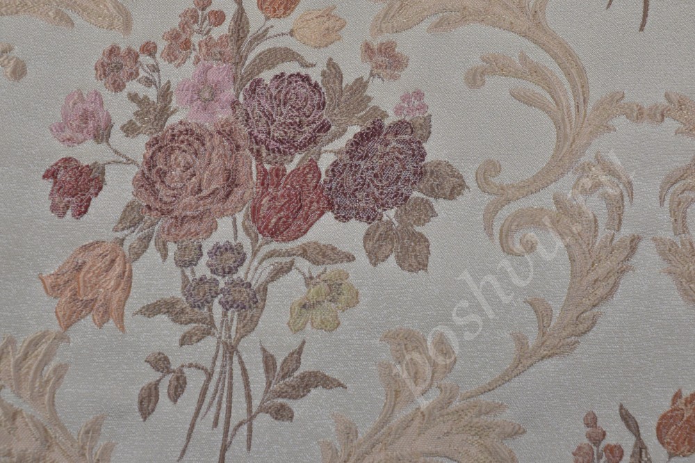 Ткань для мебели жаккард кремового цвета с цветочным узором