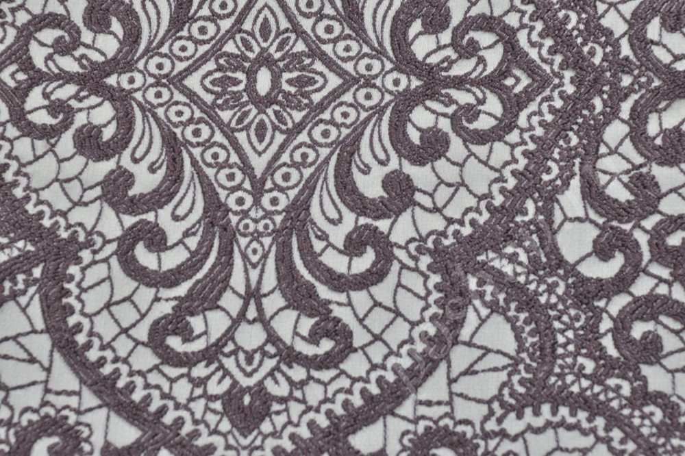 Ткань для мебели жаккард со спандексом имитация коричневого кружева на белом фоне