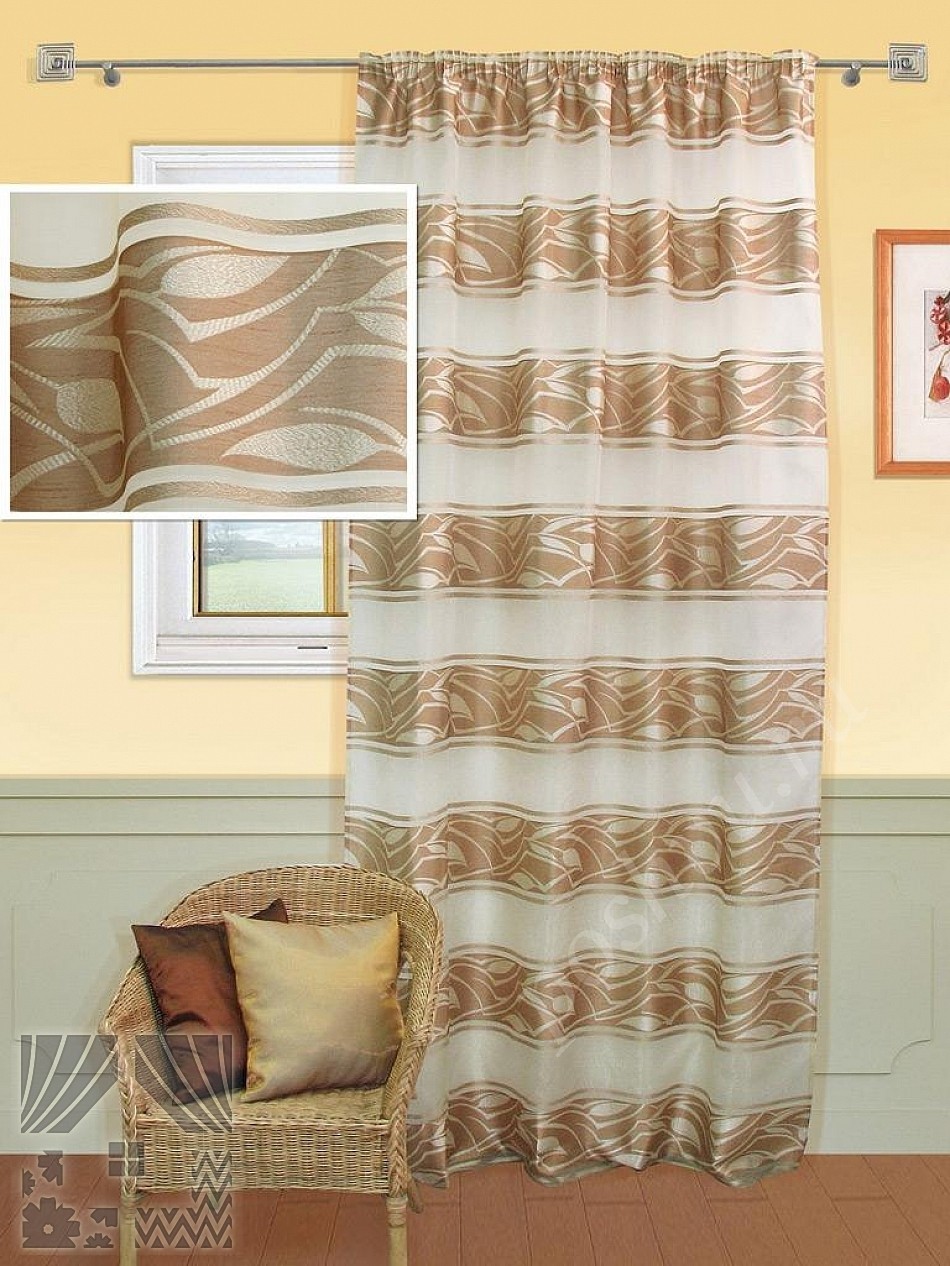 Роскошный тюль в горизонтальную полоску коричневого цвета с золотым узором для гостиной или спальни
