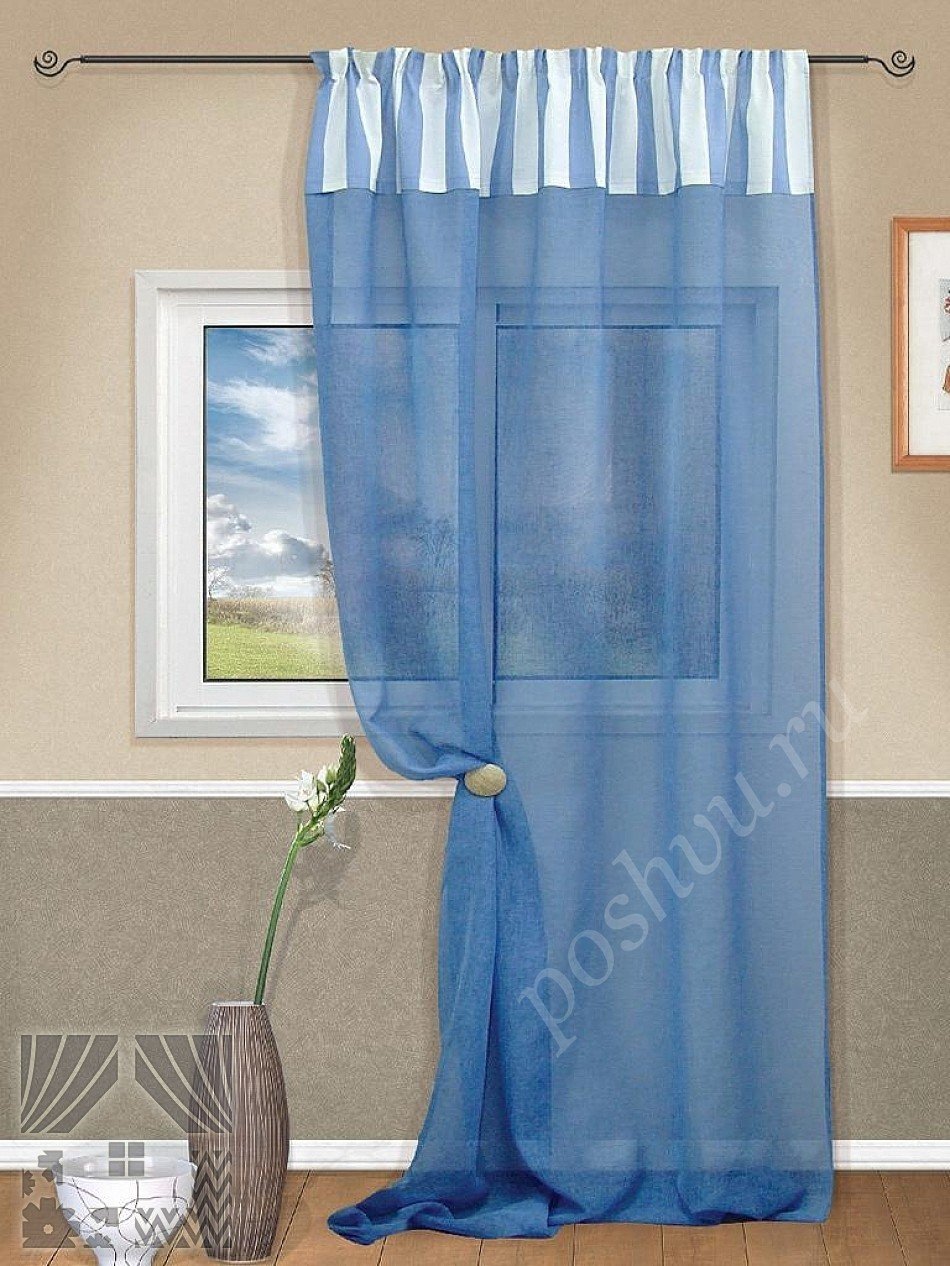 Стильный сетчатый голубой тюль с полосатой отделкой дл гостиной или кухни
