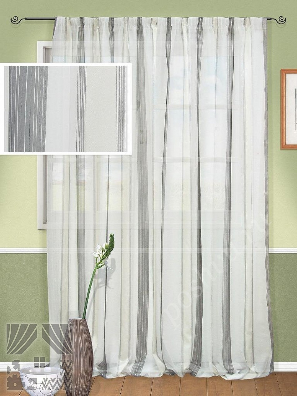 Стильный тюль в вертикальную полоску серого цвета с серебряным узором для гостиной или спальни