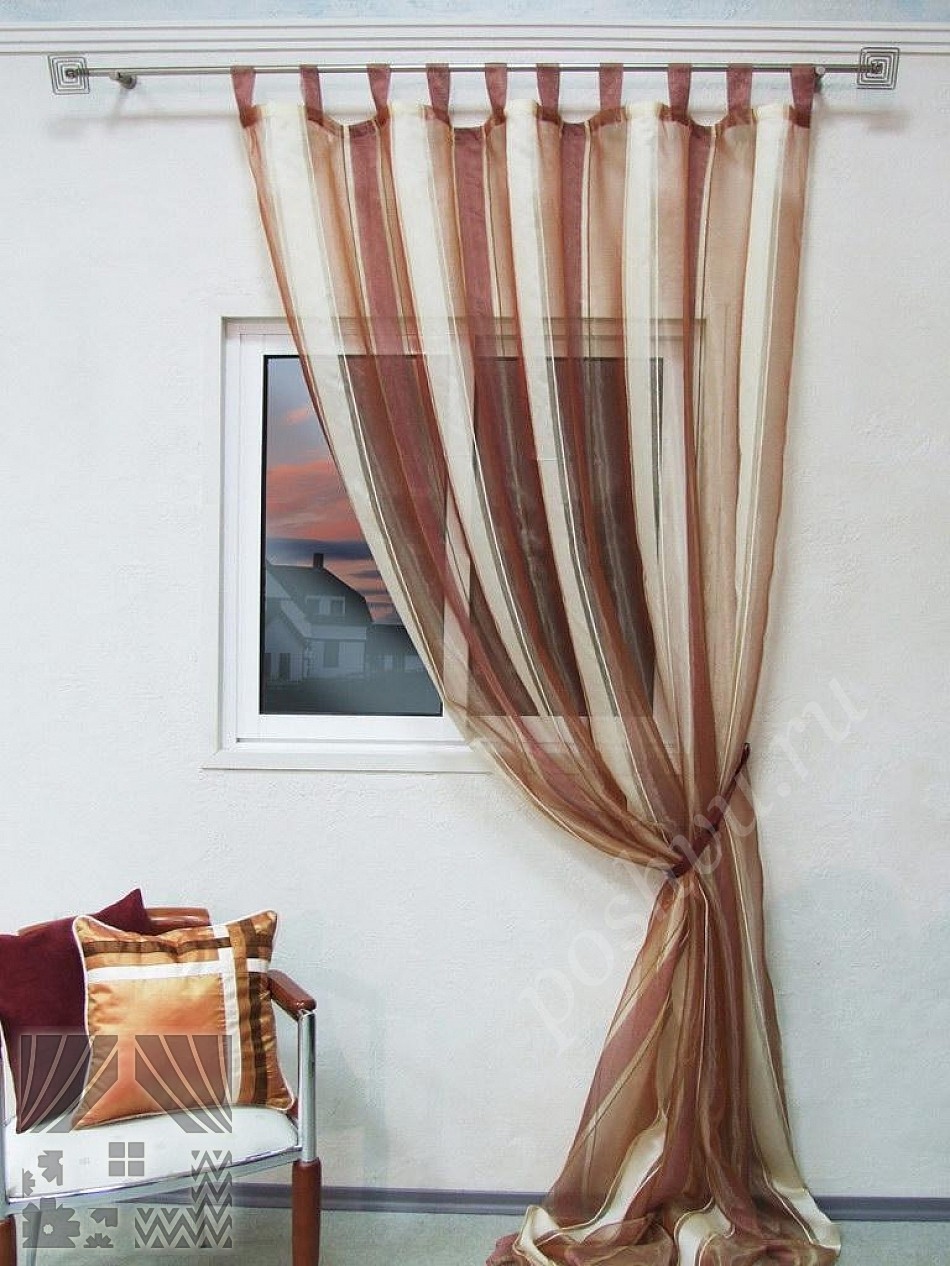 Строгий тюль с изображением вертикальных белых и коричневых полос для гостиной или спальни