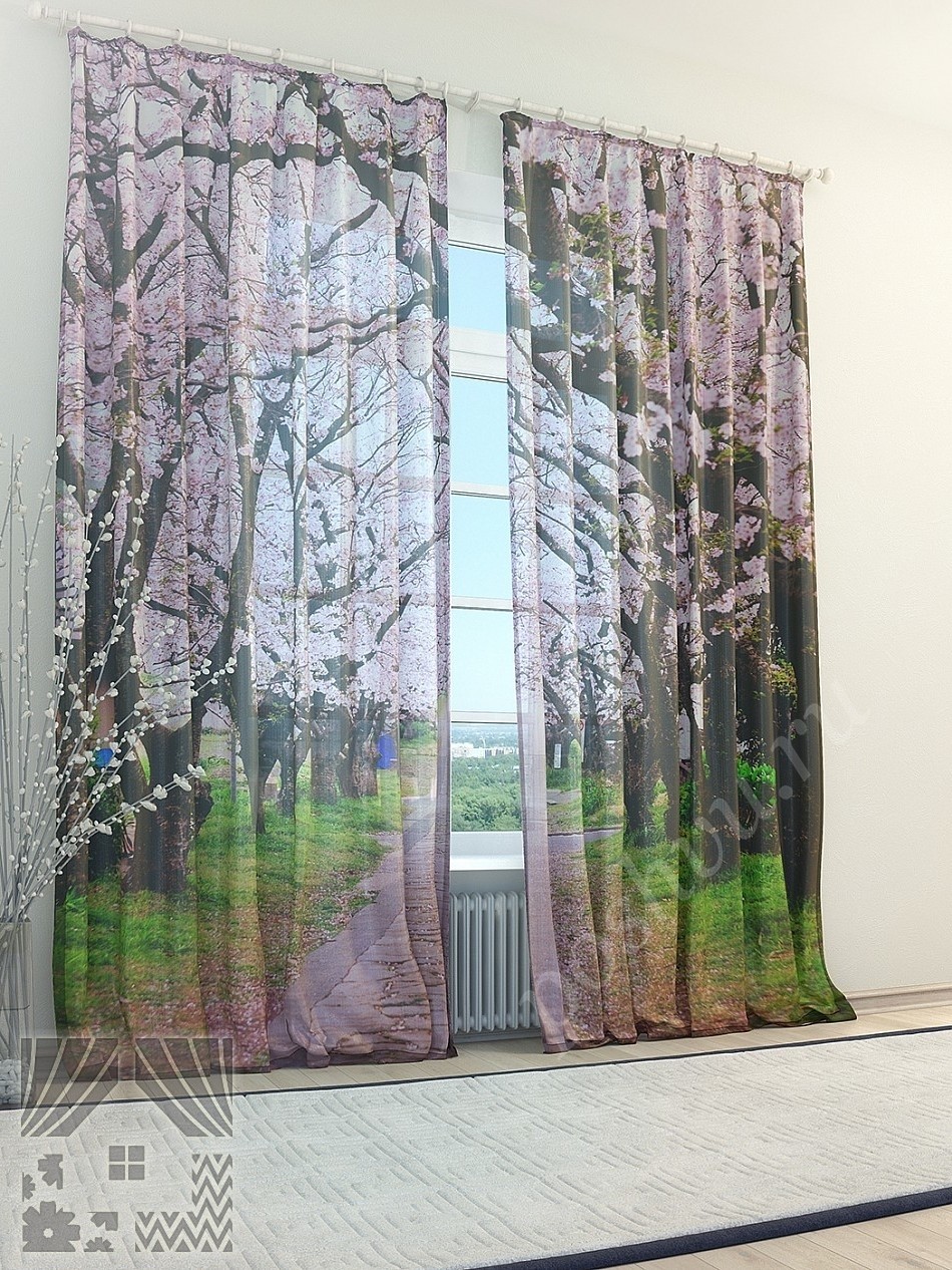Великолепный тюль с изображением цветущей аллеи для гостиной или спальни