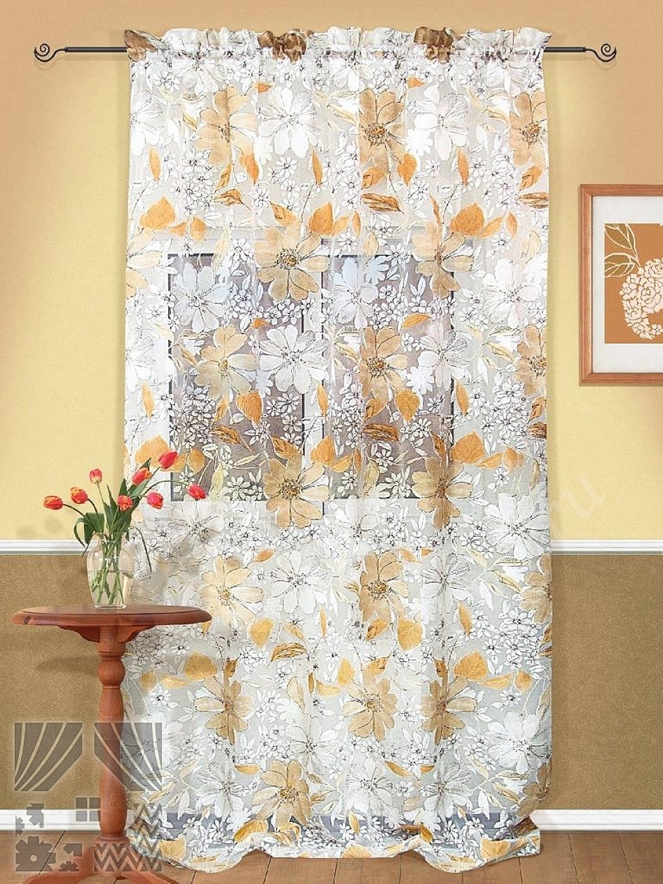 Воздушный тюль с изображением белых и бежевых цветов для гостиной или спальни