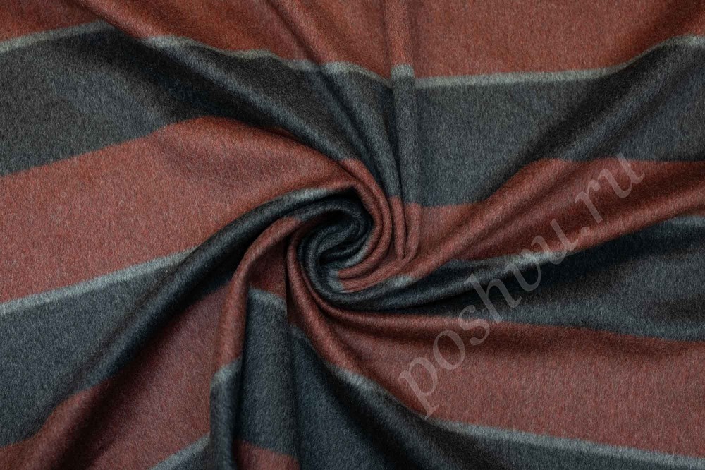 Двухсторонняя пальтовая ткань в полоску, бордо\серый