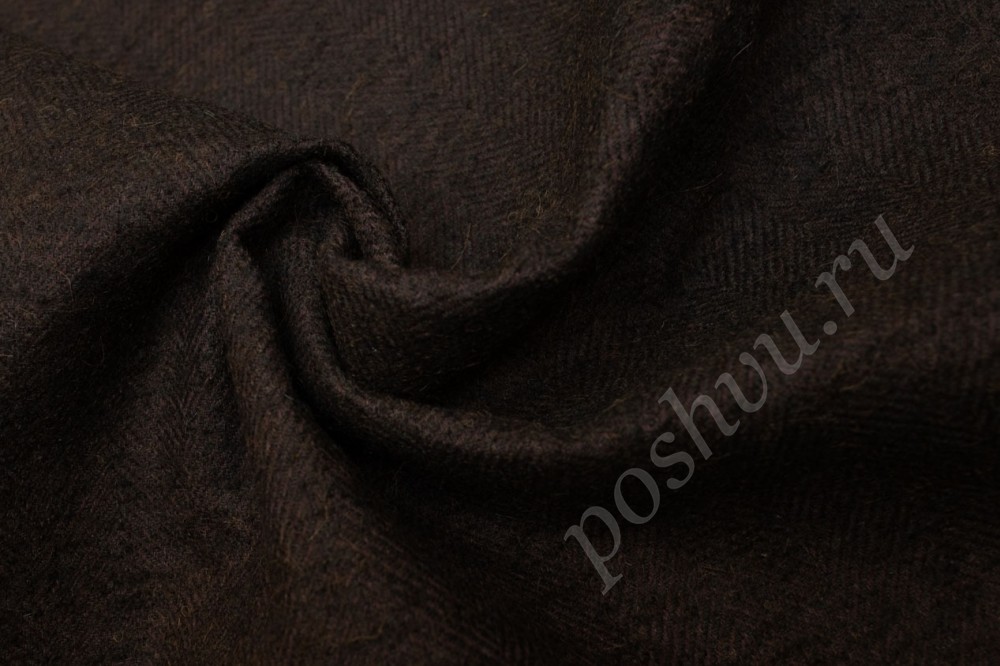 Пальтовая шерстяная ткань елочка, черно-бордовая
