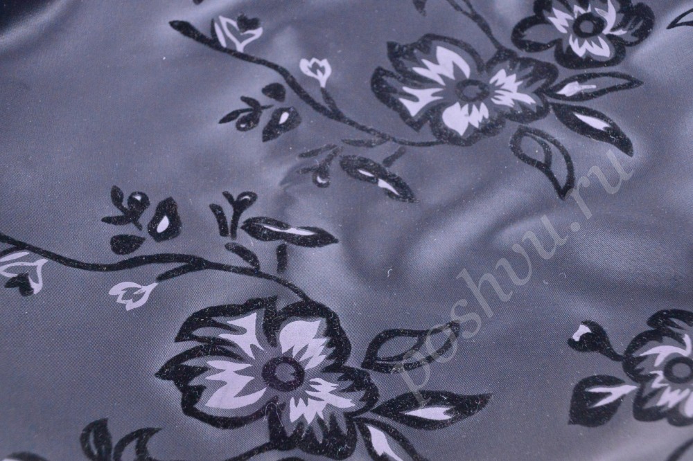Ткань набивной  черный атлас с бархатным цветочным узором