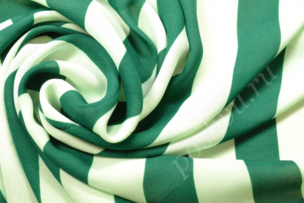 Ткань шифон набивной в бело-зеленую попосу
