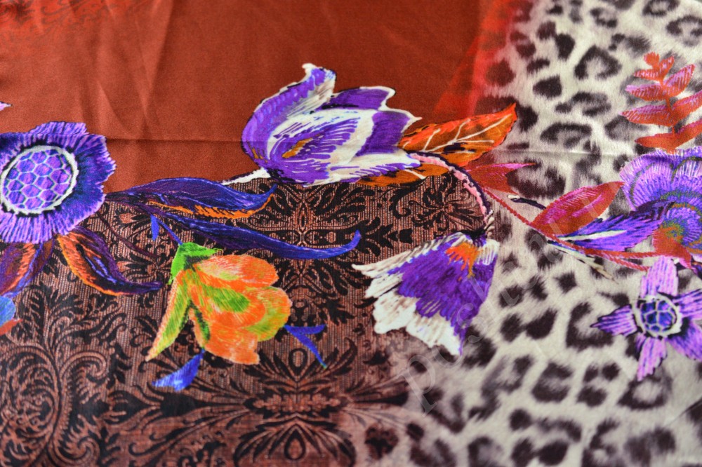 Шелковая ткань медного оттенка с леопардовым и цветочным принтом