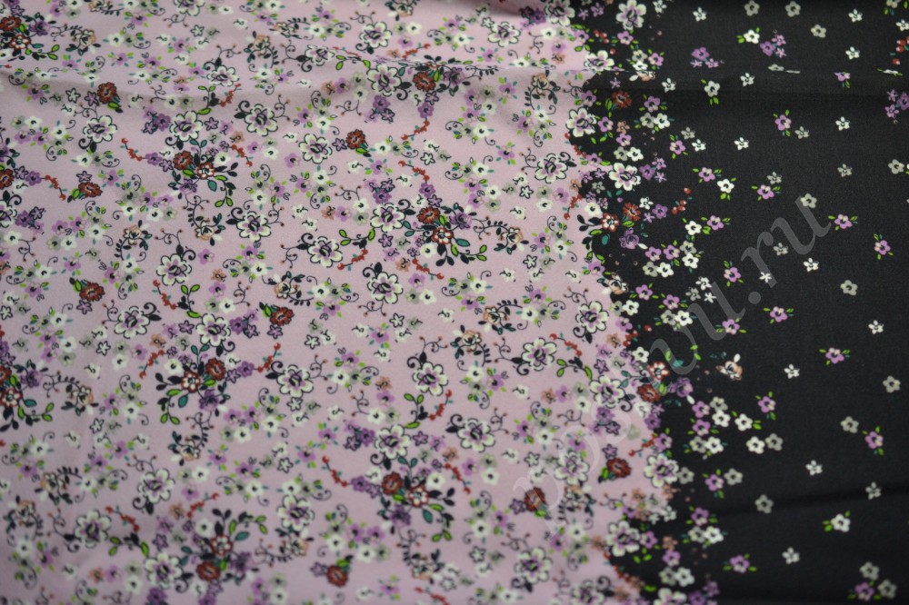 Ткань креп-шелк черно-розового оттенка в цветы