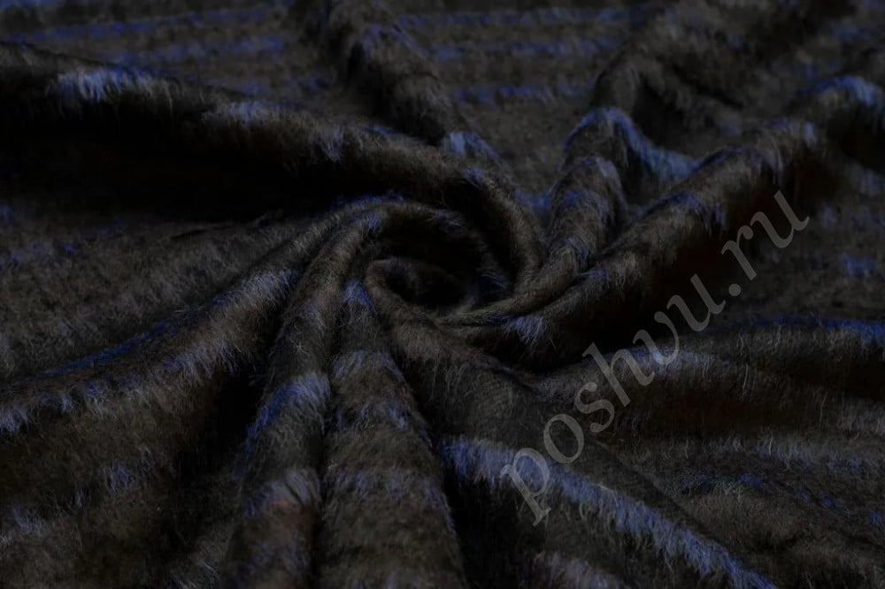 Пальтовая ткань сине-черного цвета со средним ворсом в полоску