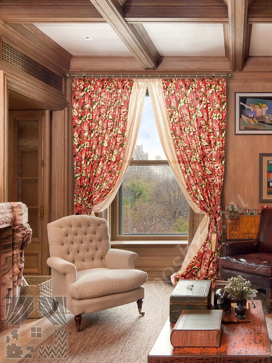 Элегантный комплект готовых штор с активным флористическим принтом для гостиной