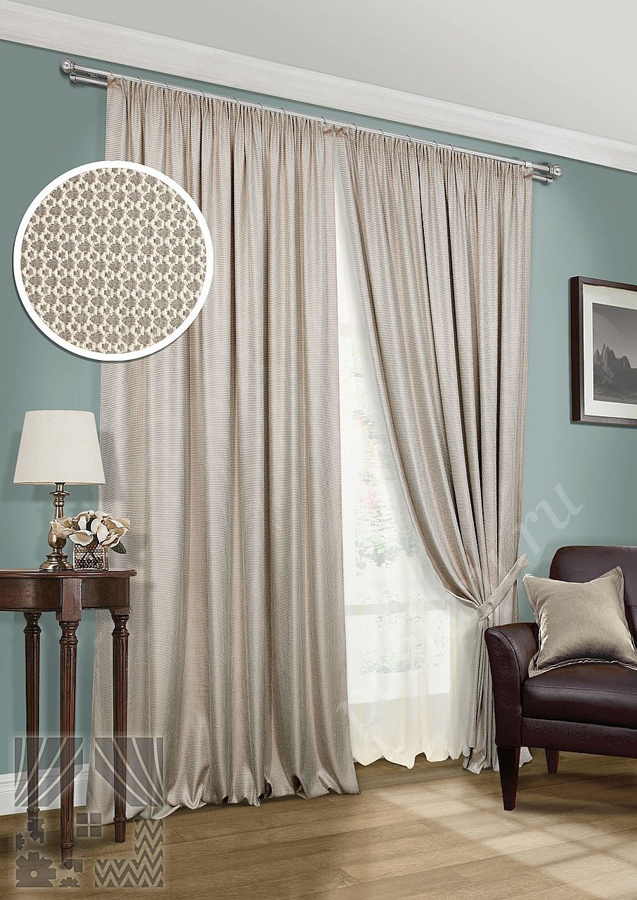 Элегантный комплект готовых штор серого цвета с мелким фактурным узором для гостиной