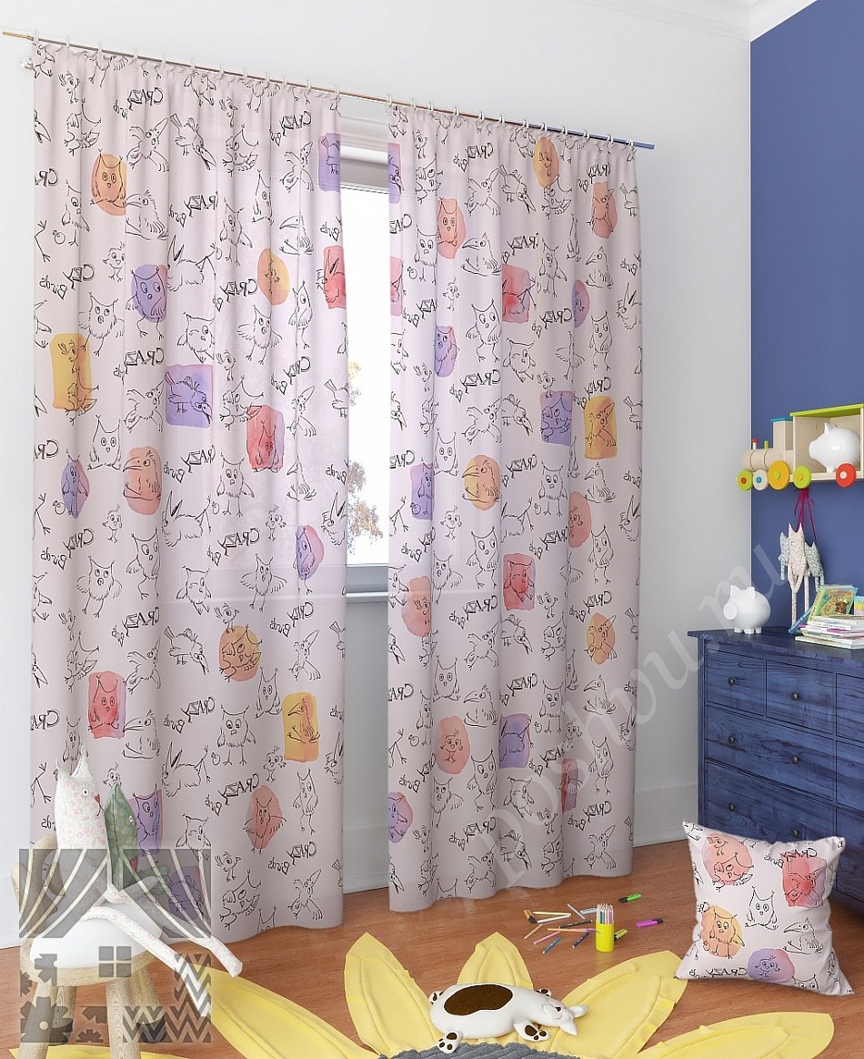 Модный комплект готовых штор для детской комнаты с рисунком в виде забавных птиц