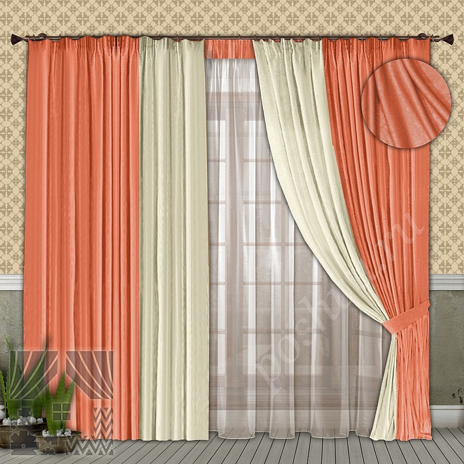 Нежный комплект готовых штор персикового цвета и тюлем-компаньоном для гостиной или спальни