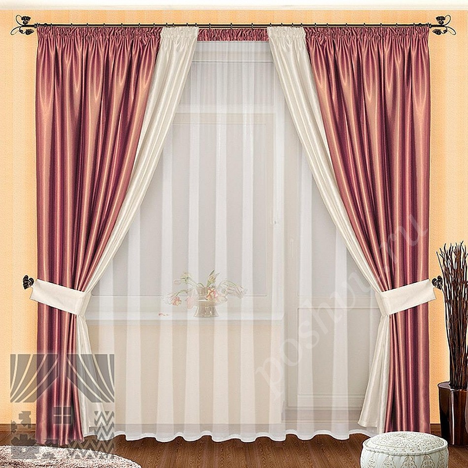 Утонченный комплект готовых штор медного цвета с белой отделкой и тюлем для спальни
