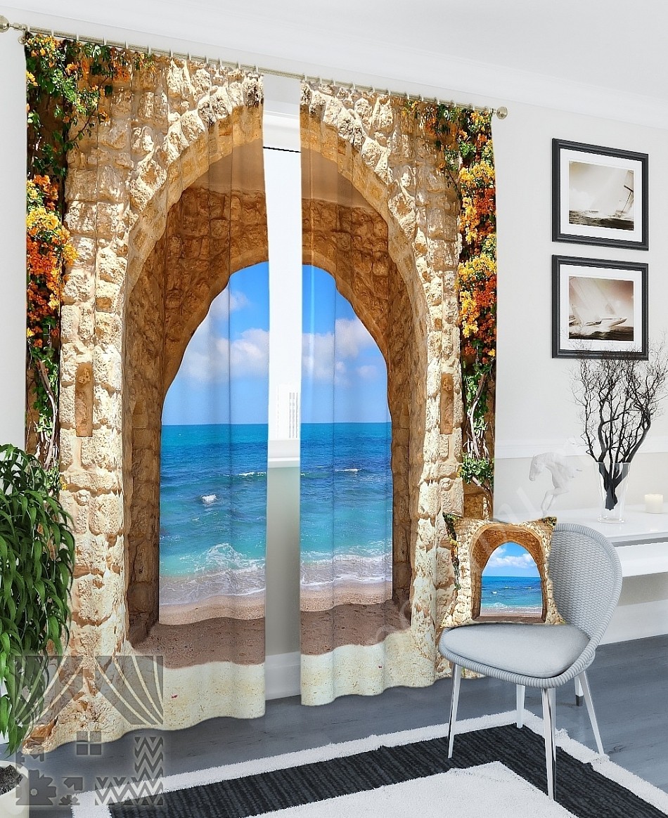 Красивый комплект готовых фото штор с морским пейзажем для гостиной или спальни
