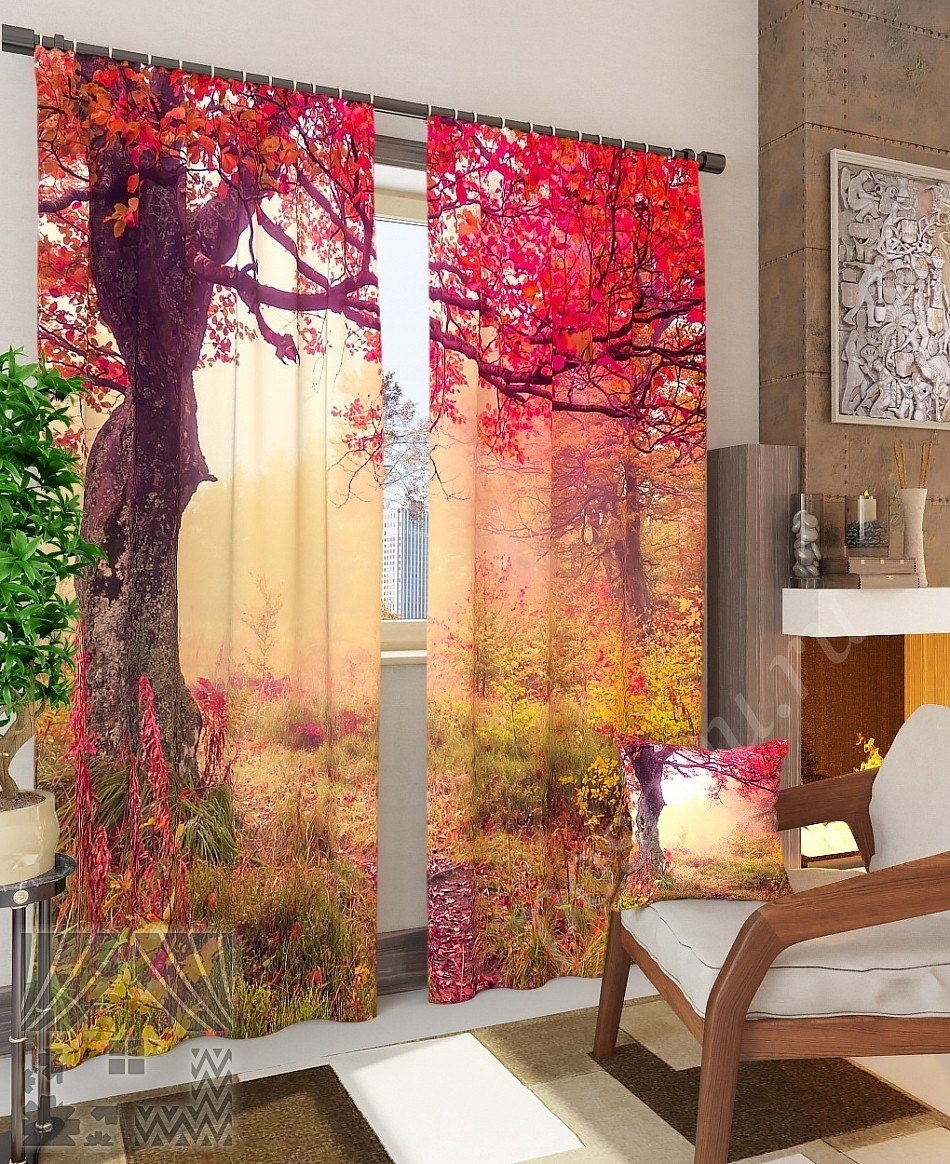 Красочный комплект готовых фото штор с осенним пейзажем для гостиной или спальни