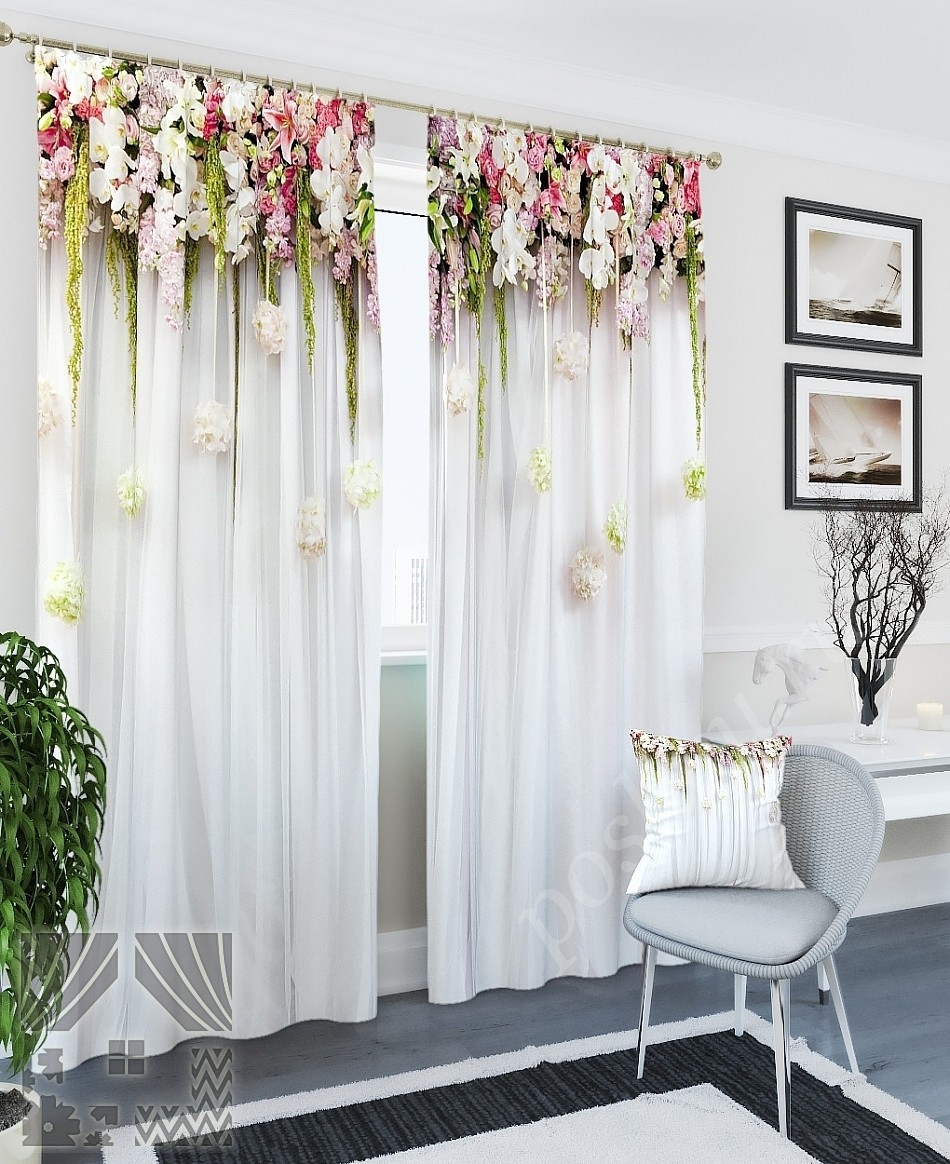 Нарядный комплект готовых фото штор с нежным цветочным рисунком для гостиной