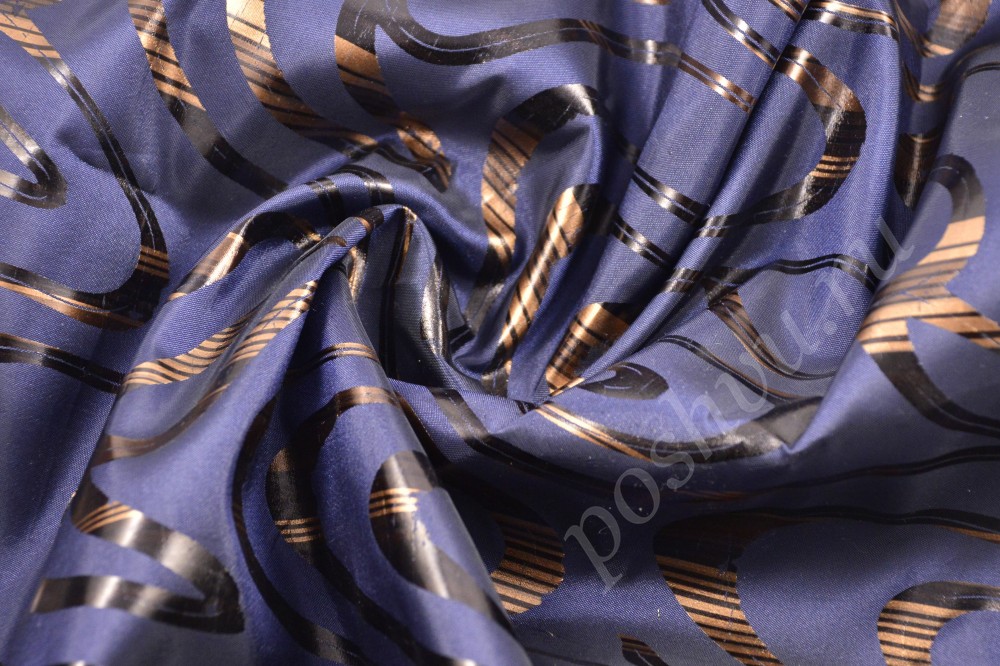 Невероятно красивая ткань атлас-тафта набивная сдержанного цвета индиго и узорами из золота