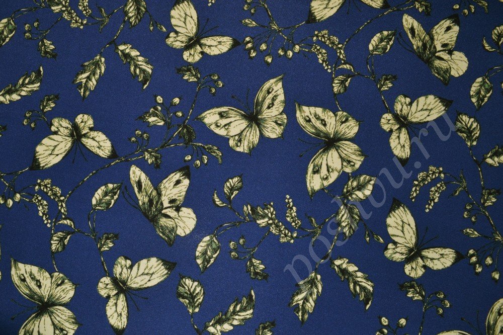 Ткань шелк матовый темно-синего цвета в бабочках и флористическим рисунком