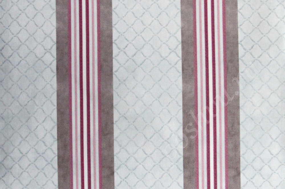 Ткань для штор саржа TWISTER JOLIE бежево-розовые полосы на голубой сетке (раппорт 14х22см)