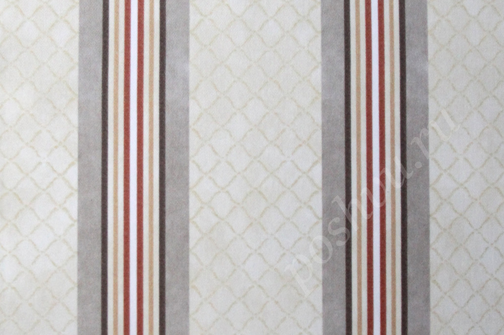 Ткань для штор саржа TWISTER JOLIE серо-розовые полосы на бежевой сетке (раппорт 14х22см)