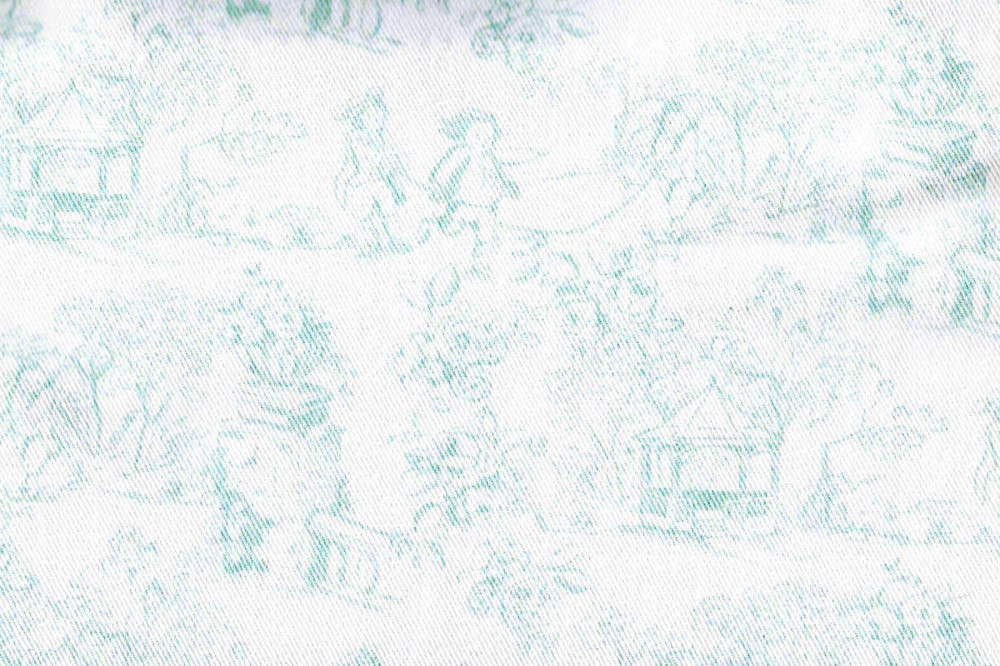Ткань для штор саржа TWISTER TIFFANY бирюзовый принт пастораль на белом фоне (раппорт 22х23см)
