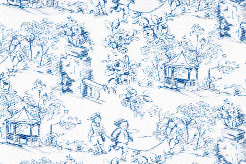 Ткань для штор саржа TWISTER TIFFANY синий принт пастораль на белом фоне (раппорт 22х23см)