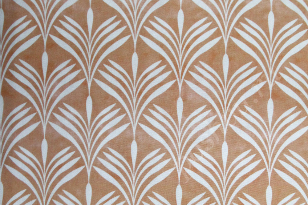 Ткань для штор саржа TWISTER JOLIE орнамент из белых листьев на оранжевом фоне (раппорт 27х28см)