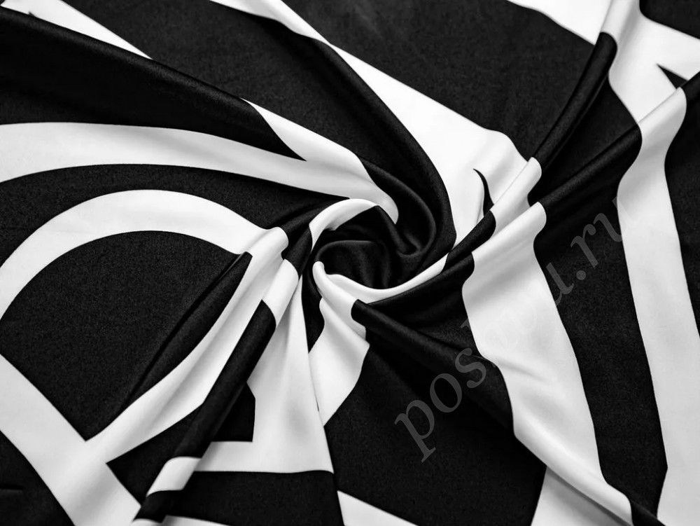 Шелк искусственный черно-белого цвета с абстрактным принтом (87г/м2)