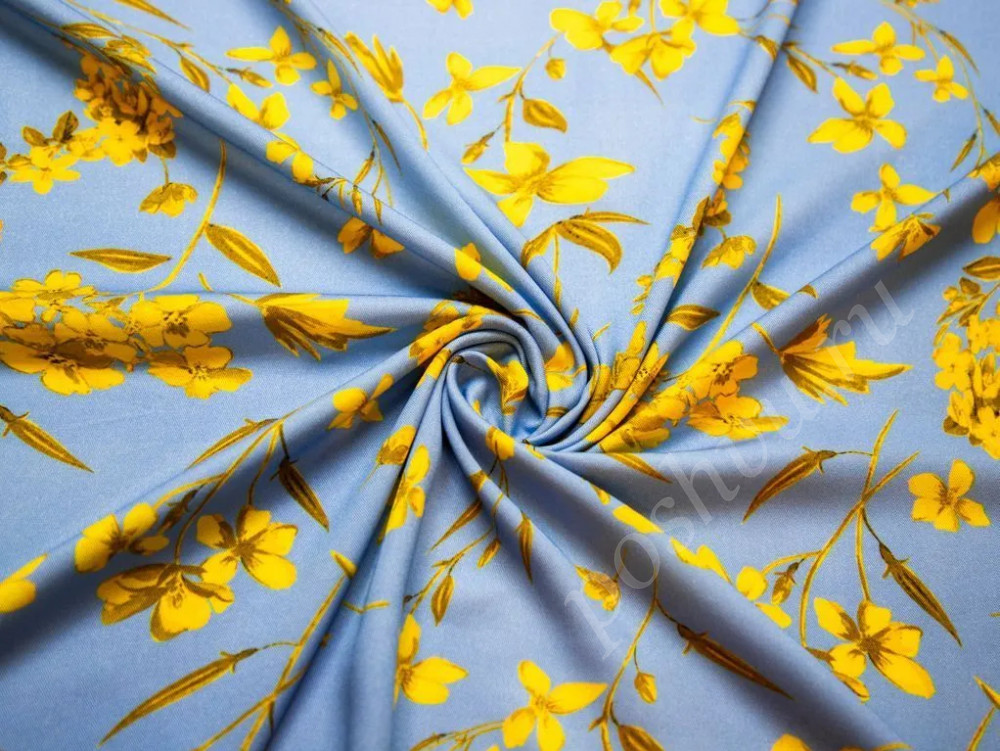 Штапельная ткань голубого цвета с желтыми цветами (142г/м2)