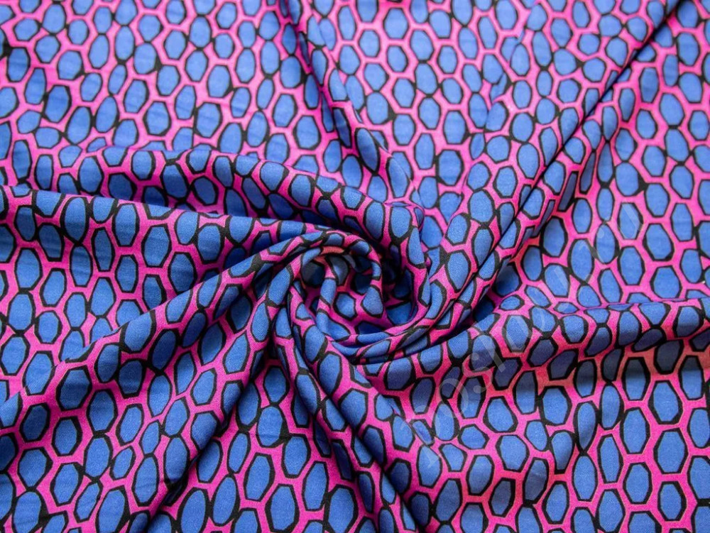 Штапельная ткань сине-сиреневого цвета с рисунком Соты (142г/м2)