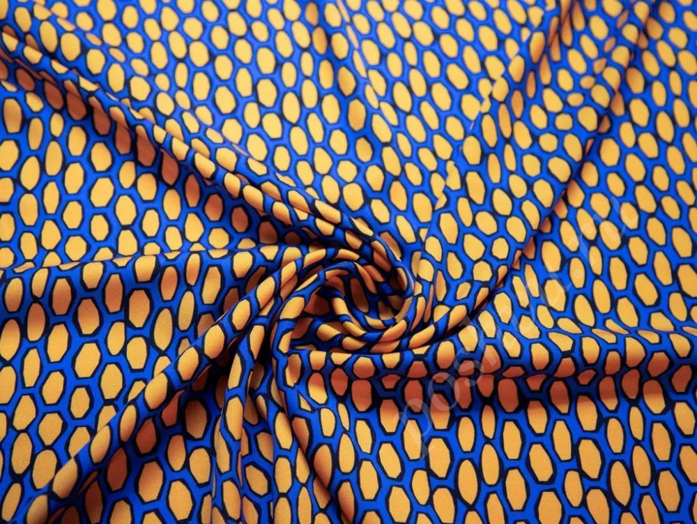 Штапельная ткань желто-синего цвета с рисунком Соты (142г/м2)
