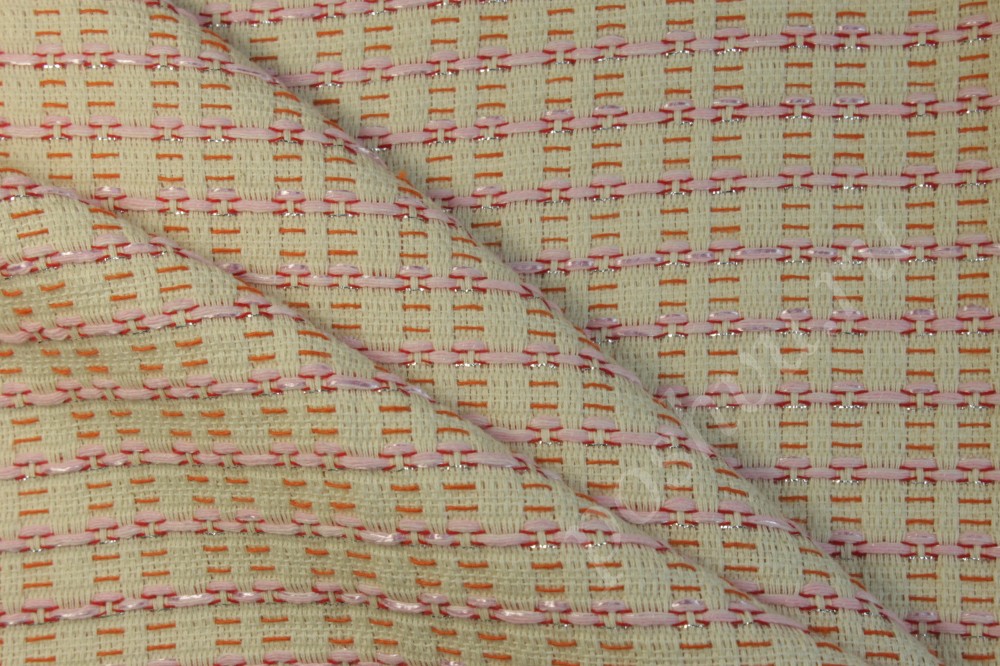 Ткань костюмная Шанель Кремово-розовое плетение