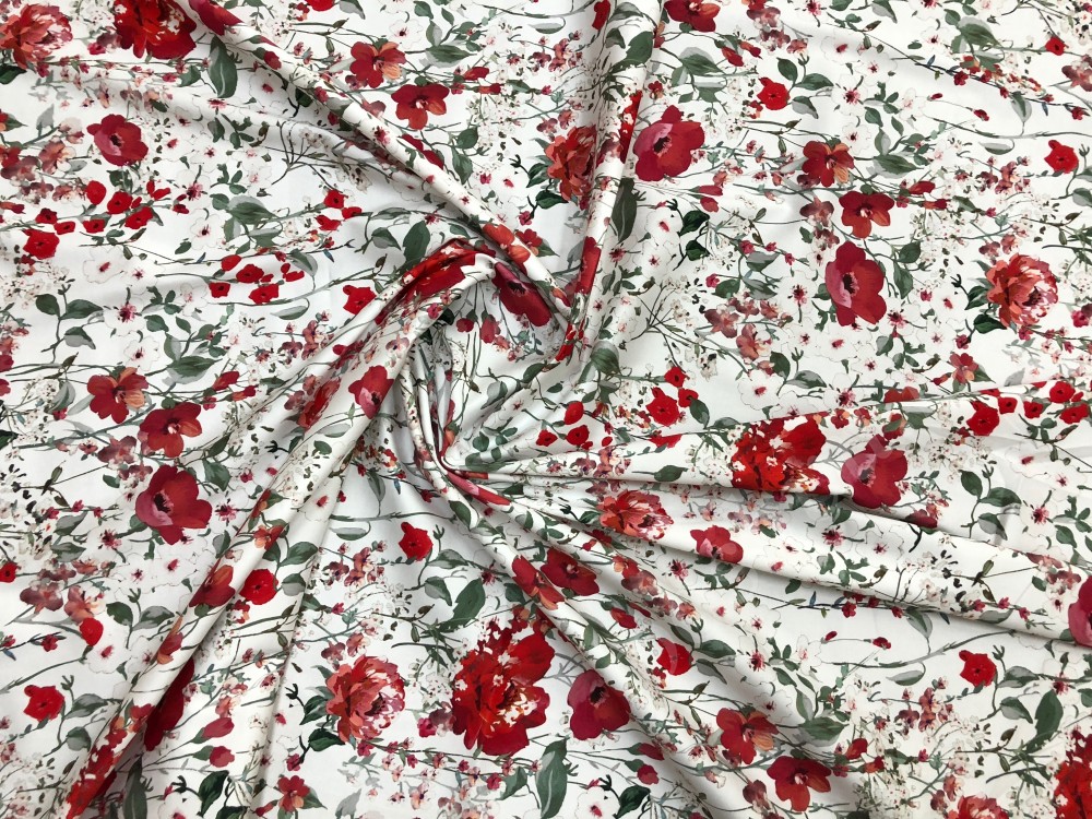 Ткань хлопок набивной белого цвета с красными цветами