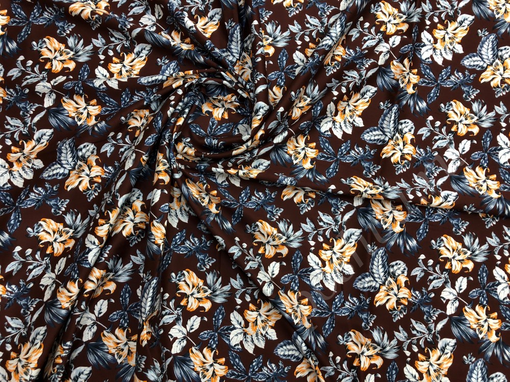 Ткань хлопок набивной коричневого цвета с лилиями