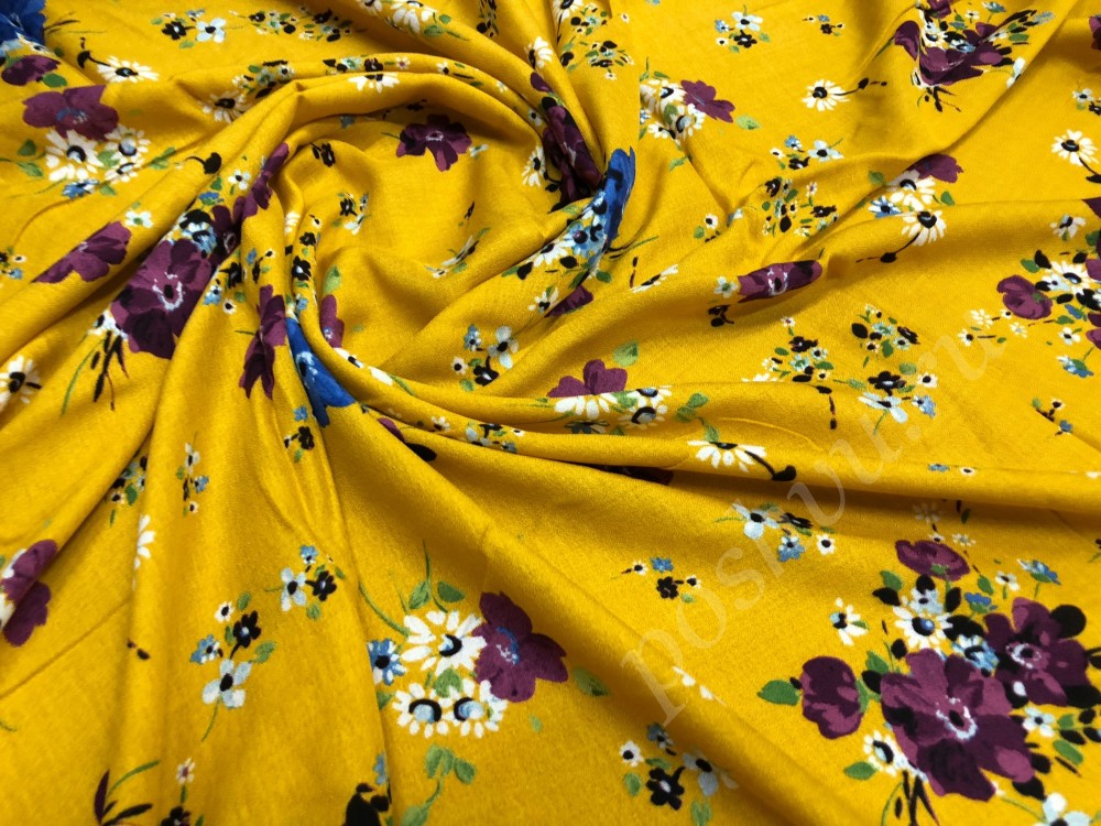 Ткань хлопок набивной желтого оттенка с цветами