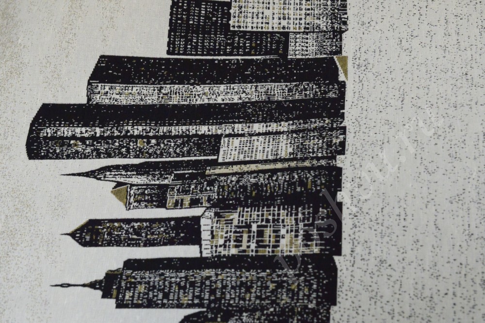 Ткань для штор гобелен светло-серого цвета с изображением многоэтажных сооружений