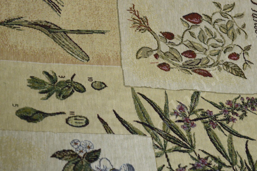 Ткань для штор гобелен оливково-бежевого цвета с оригинальным принтом