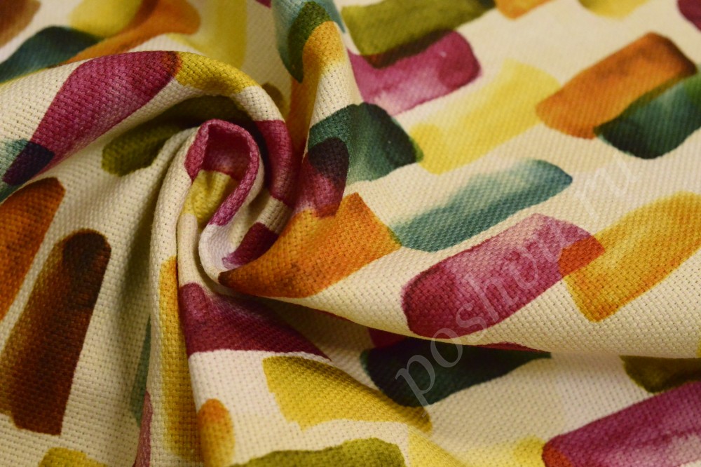 Ткань для штор портьерная белого оттенка в разноцветные кирпичики