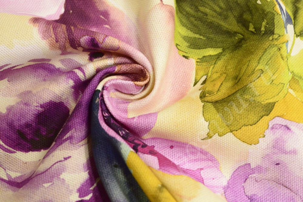Ткань для штор портьерная светло-желтого оттенка в цветы