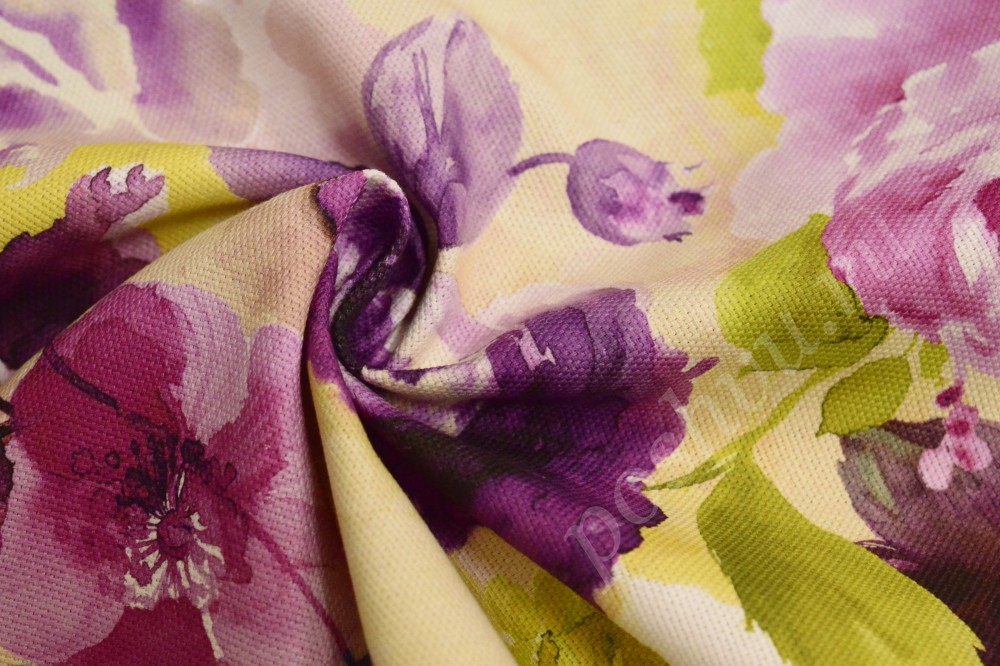 Ткань для штор портьерная светлого оттенка в пурпурные цветы