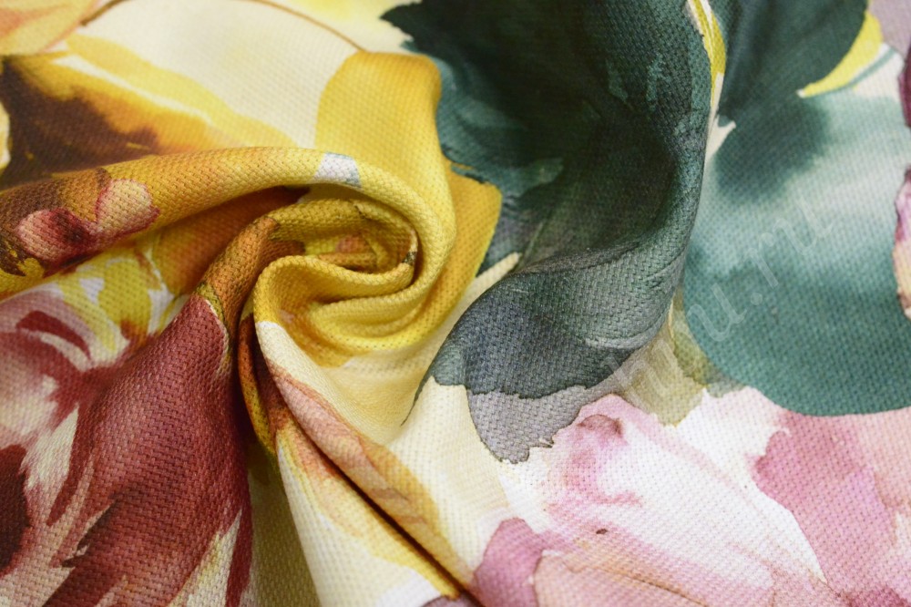 Ткань для штор портьерная светлого оттенка в светло-бордовые и желтые цветы