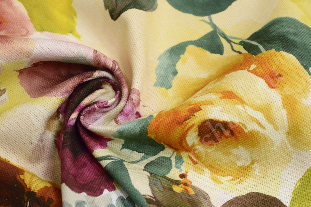 Ткань для штор портьерная желтого  оттенка в чайные розы