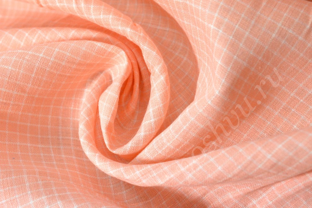 Сорочечная льняная ткань персикового оттенка в клетку